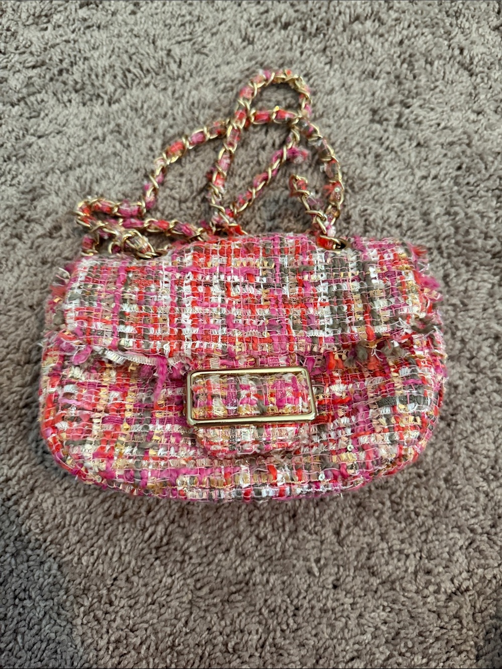Pink Tweed Chain-Handle Shoulder Bag